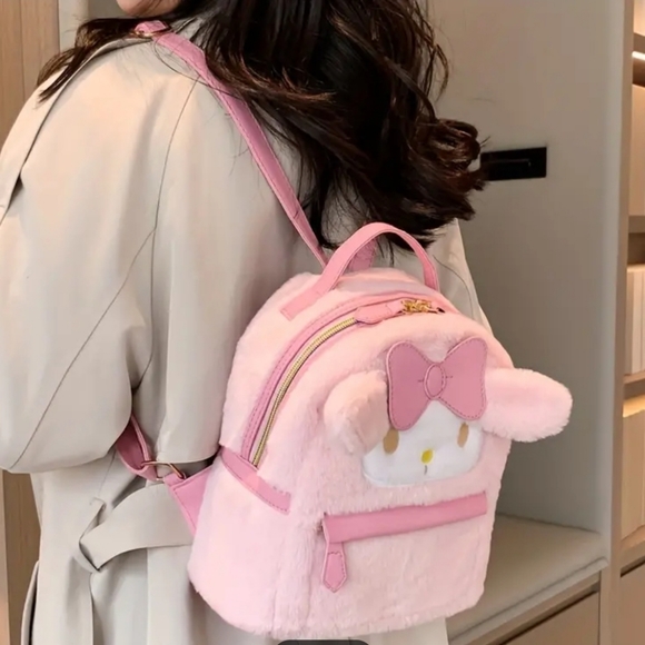NWT! Sanrio My Melody Pink Plush Embroidered Double Zipper Mini Backpack - Picture 6 of 7